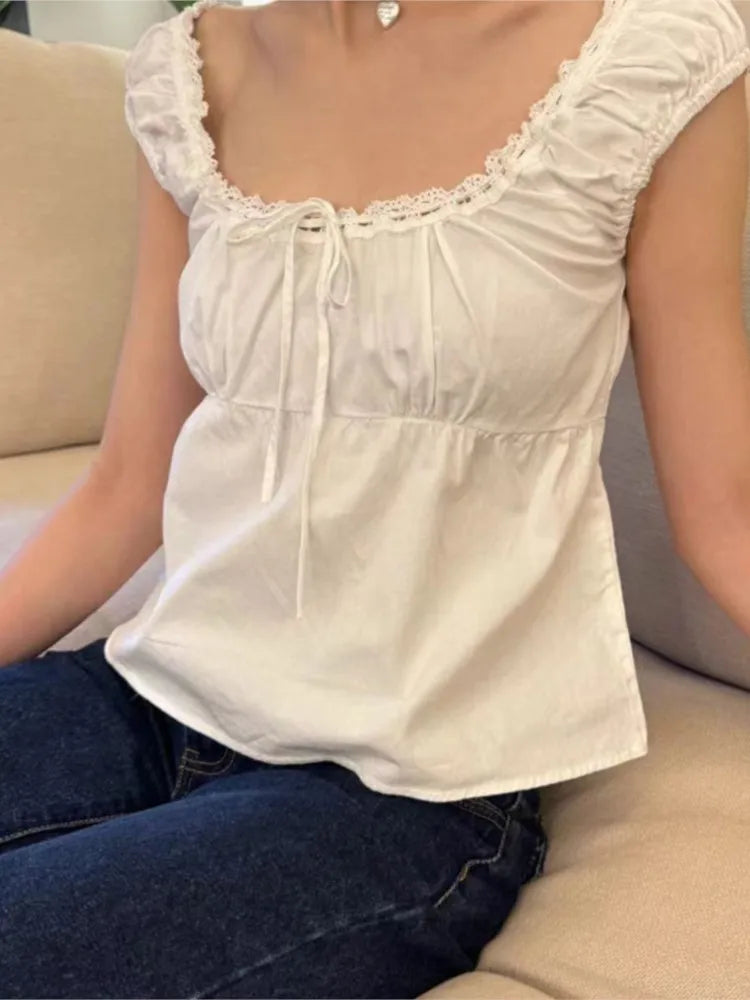 White Lace Tied Square Neck Summer Tee