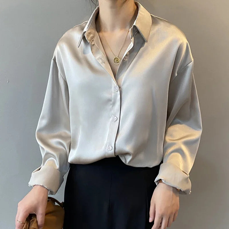 Fall Turn-down Collar Satin Loose Shirt