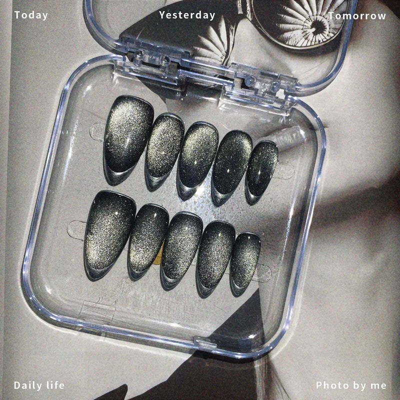 10Pcs Handmade Press on Nails Full Cover Hallowmas Black Cat Eye French Almond False Nails Metals Design Wearable Manicure Tips