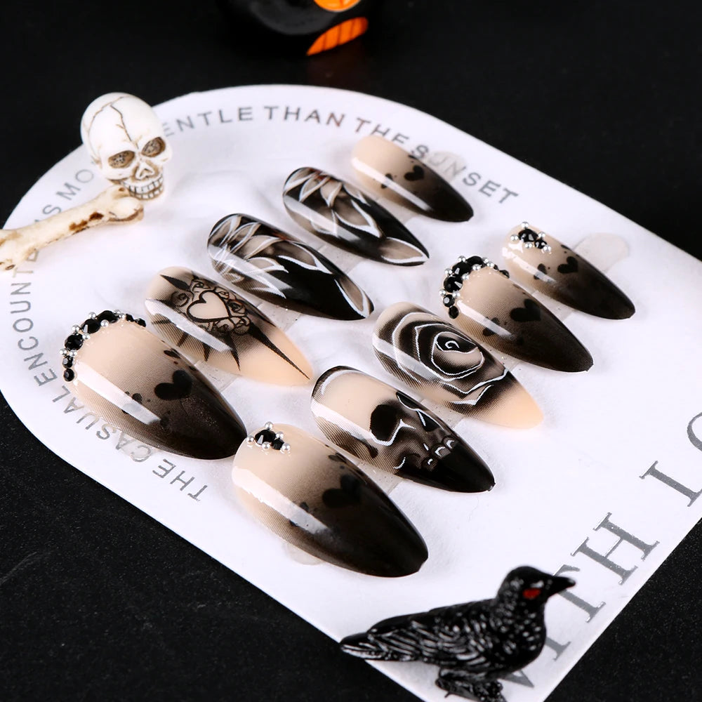 24pcs/box black press on nail tips 3D Heart Bow Rhinestone Y2k Long Ballet Fake Nails Full Cover Wearable Glossy DIY False Nails