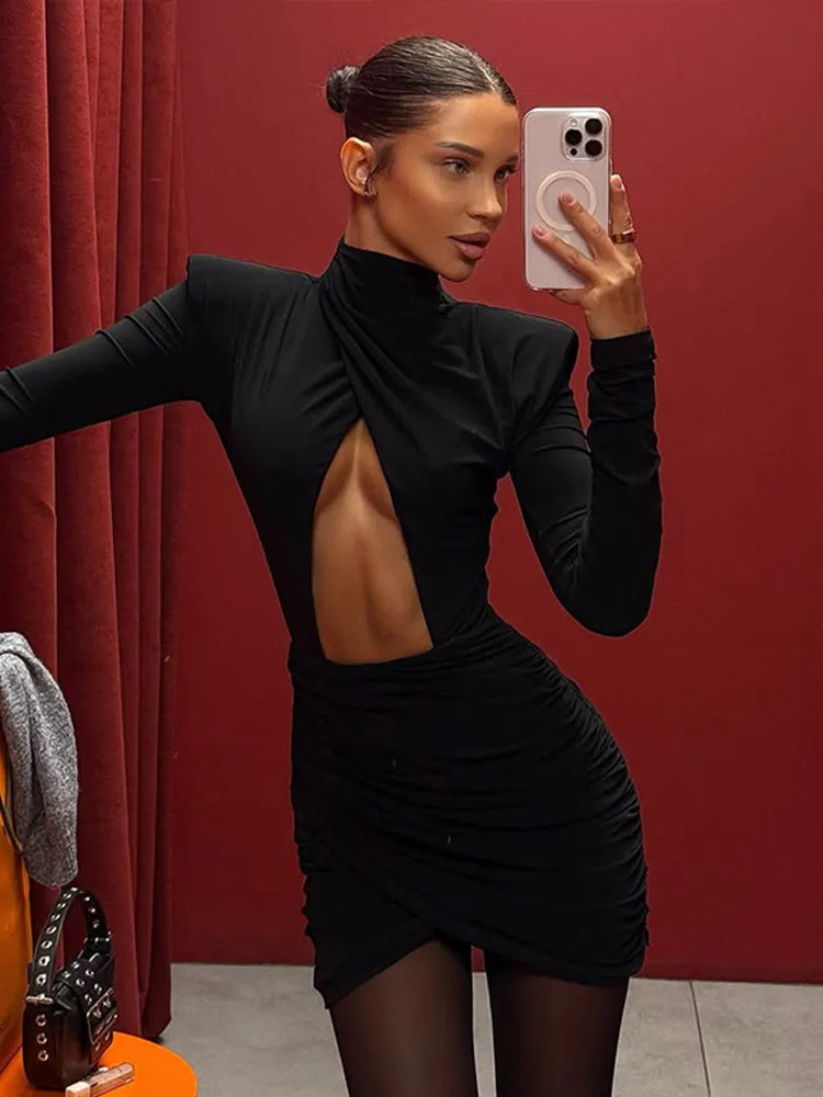 Solid Hollow-Out High Collar Mini Dress