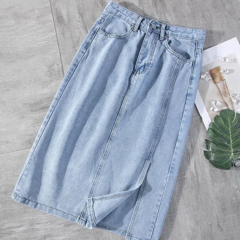 Denim Midi Skirt with Side Split Detail