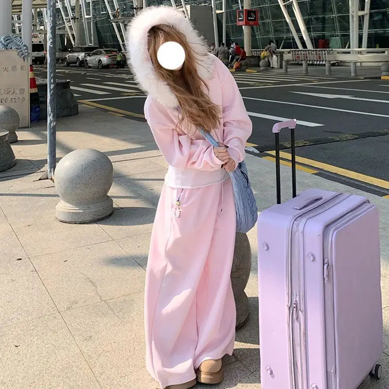Loose Zipper Hoodie Fur Collar Sweater Pants Set
