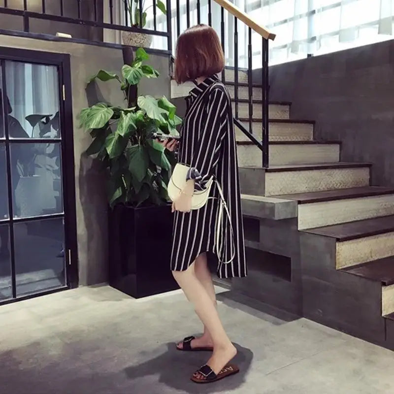 Long Sleeve Striped Printed Shirt Dress