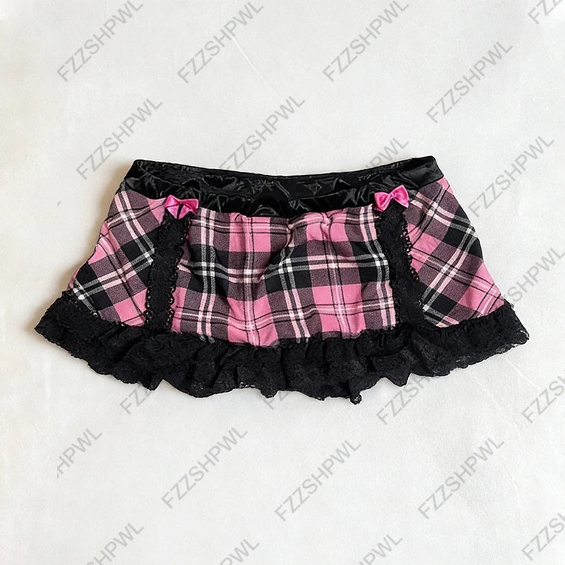 Tartan Mini Skirt with Black Lace Ruffles Set