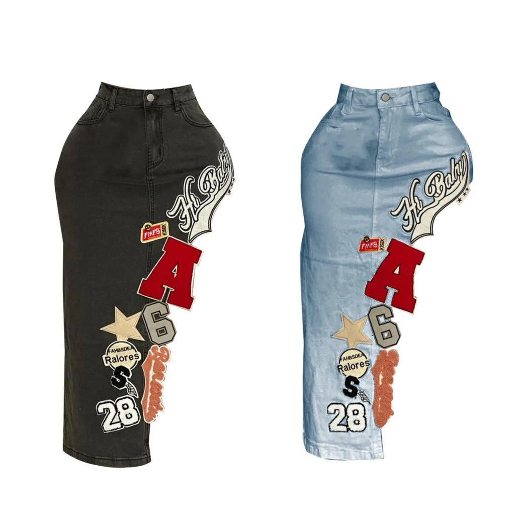 Letter Embroidery Asymmetrical Denim Skirt