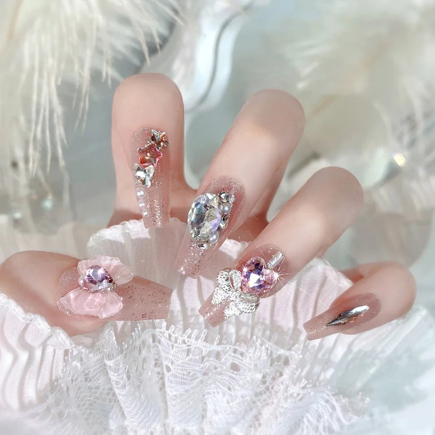 Blush Pink False Nails Bowknot Diamond Pearl 3D Design Press on Nail Tips with Harmless Smooth Edge Nails Woman DIY Fake Nails