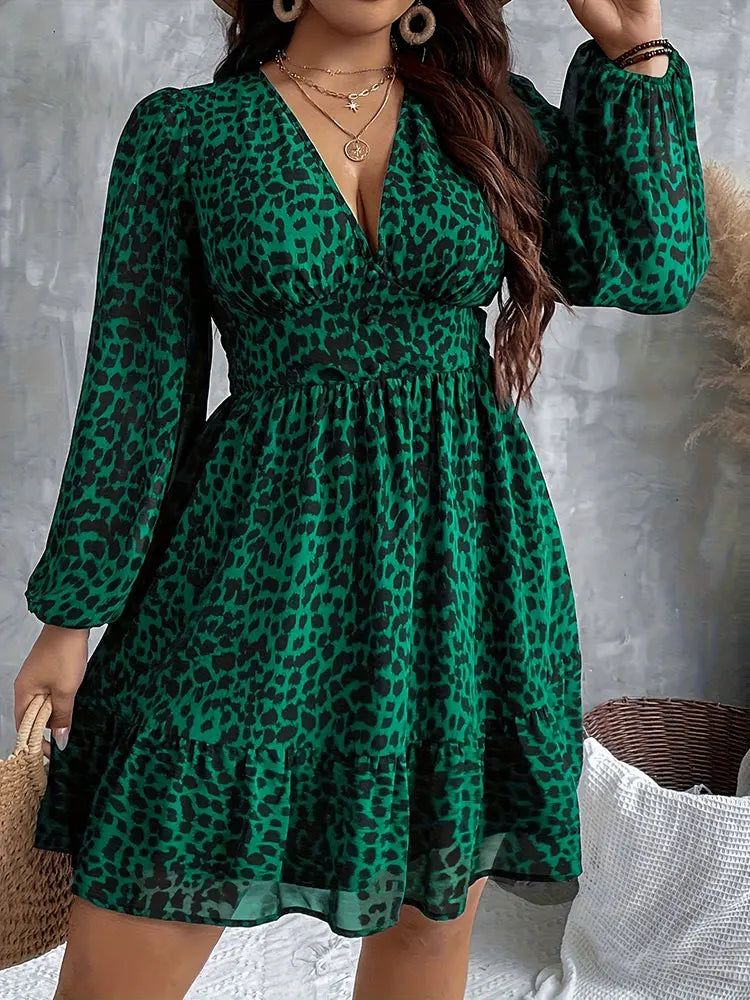 V-Neck Leopard Print Long-Sleeve Dress