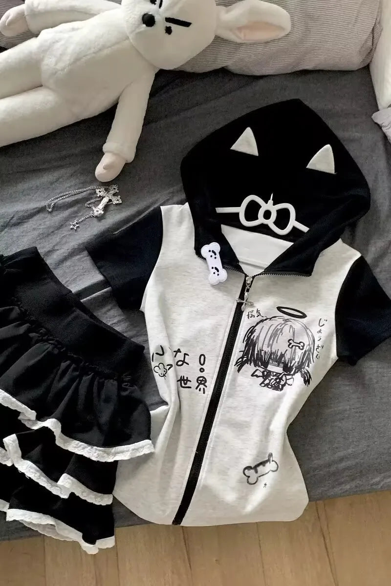 Cartoon Short Sleeve Jacket Skirt Set