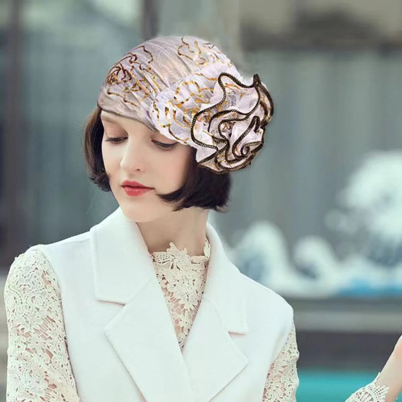 2025 Spring New Large Flower Turbans For Women Beauty Yarn Plate Jacquard Headwrap Lace Hat MuslimTurban Caps Islamic Headwear