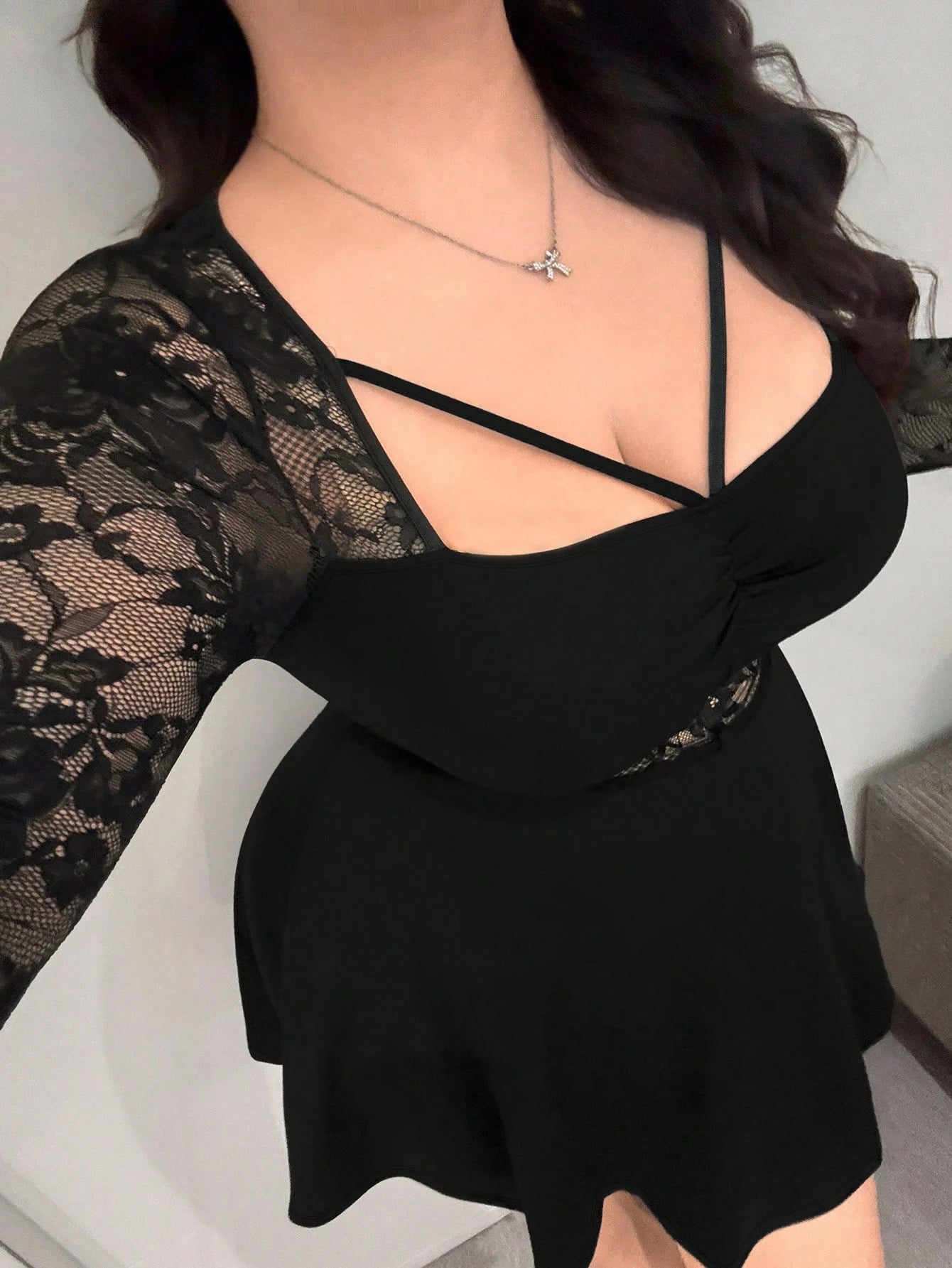 Lace Long Sleeve Mini Dress with Cut-Out Bodice
