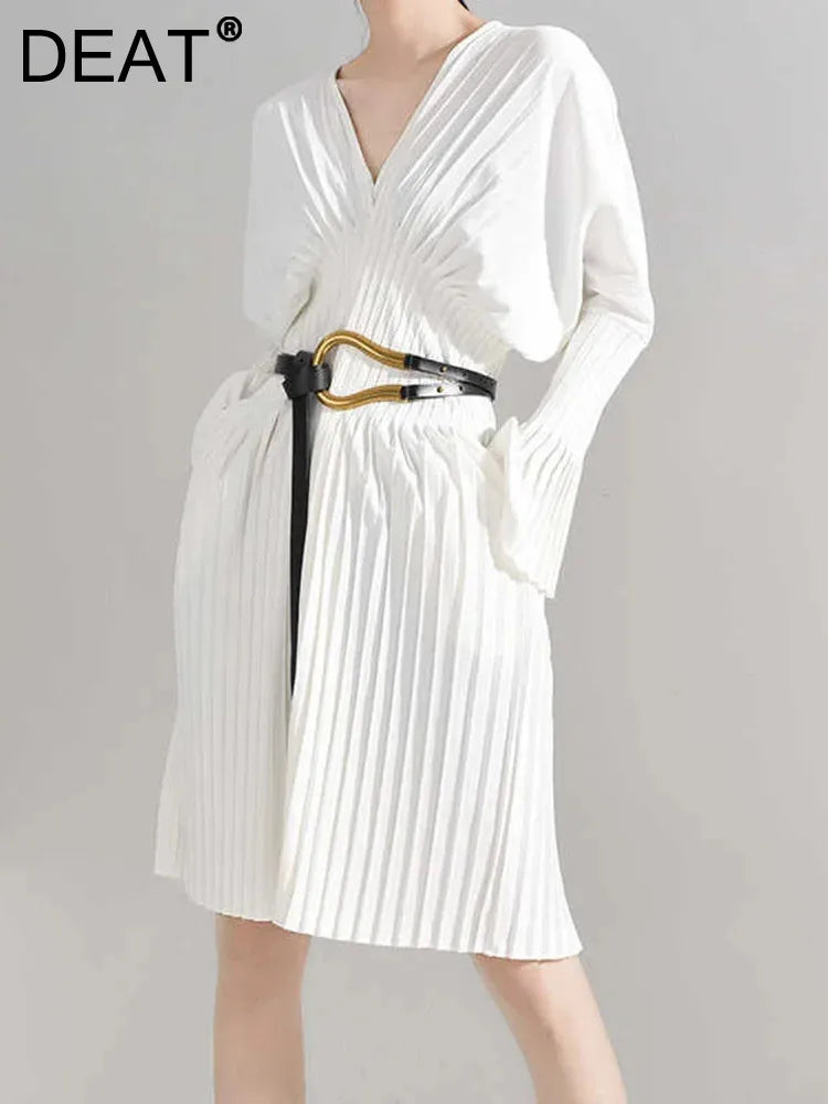 DEAT V-neck Pleated Waist Flare Sleeves Pullover Solid Color Slim Dress