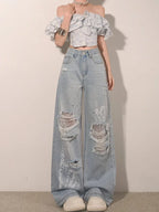 Ripped Lace Rhinestone Jeans