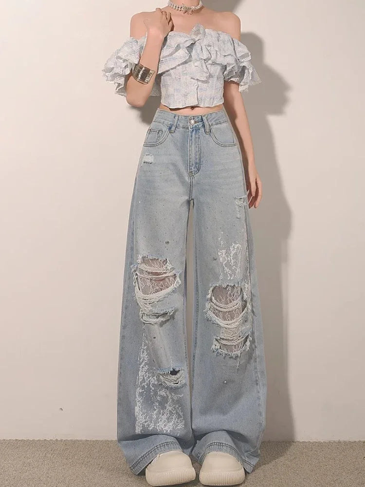Ripped Lace Rhinestone Jeans