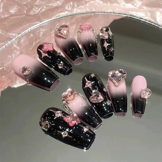 24pcs/box black press on nail tips 3D Heart Bow Rhinestone Y2k Long Ballet Fake Nails Full Cover Wearable Glossy DIY False Nails