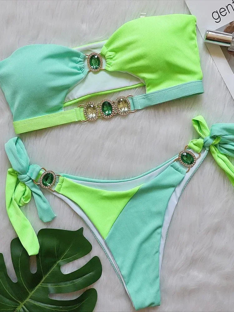 Patchwork Cut Out Rhinestone Bikini
