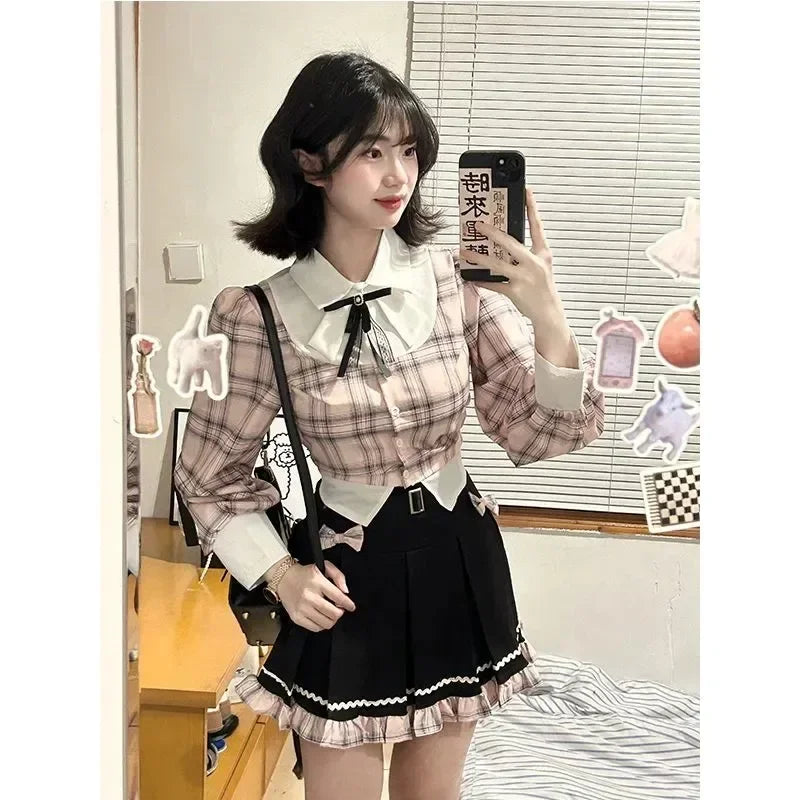 Sweet College Plaid Patchwork Shirt Pleated Skirt Set