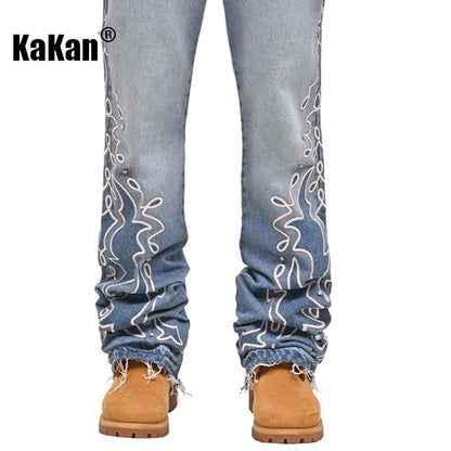 Kakan - メンズブルーストライプグラデーションワイドレッグジーンズ、Y2Kファッション刺繍入りダイヤモンドセットロングジーンズ、Jeans Manブランド
