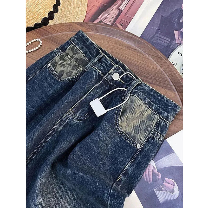 Leopard Print Patchwork Wide Leg Jeans