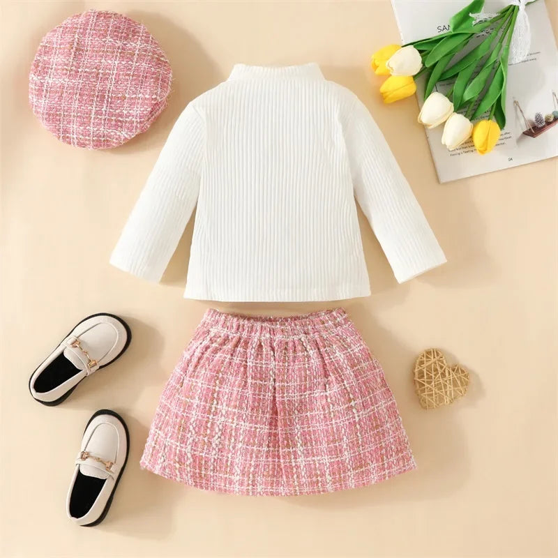 Long Sleeve Tops Plaid Pattern Skirt Beret 3 Piece Set