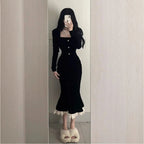 Square Collar Black Velvet Fish Tail Dress