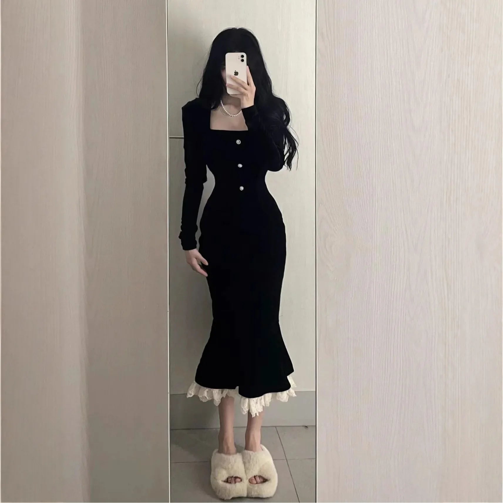 Square Collar Black Velvet Fish Tail Dress