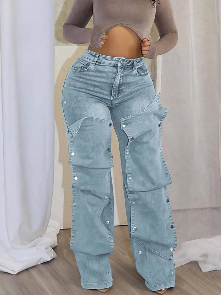 High-Waisted Wide-Leg Cargo Jeans with Snap Button Overlays