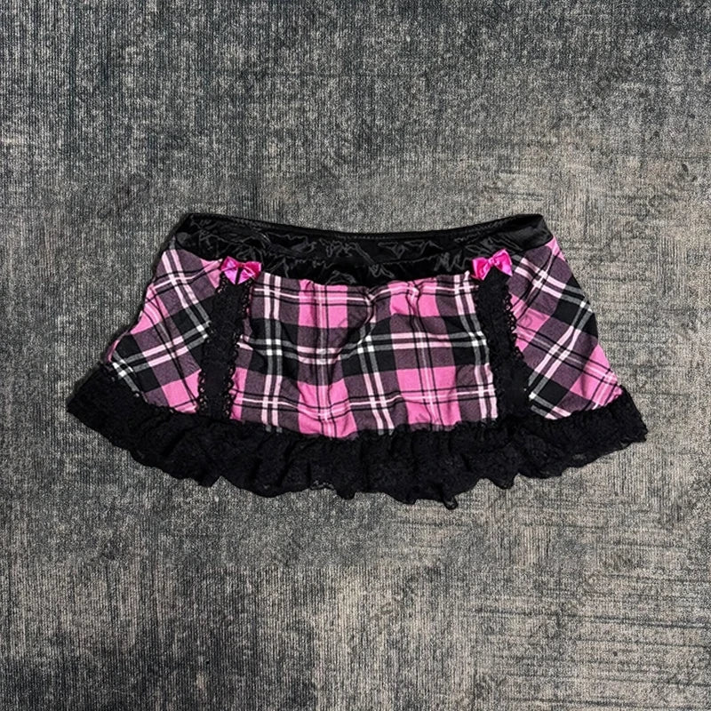 Tartan Mini Skirt with Black Lace Ruffles Set