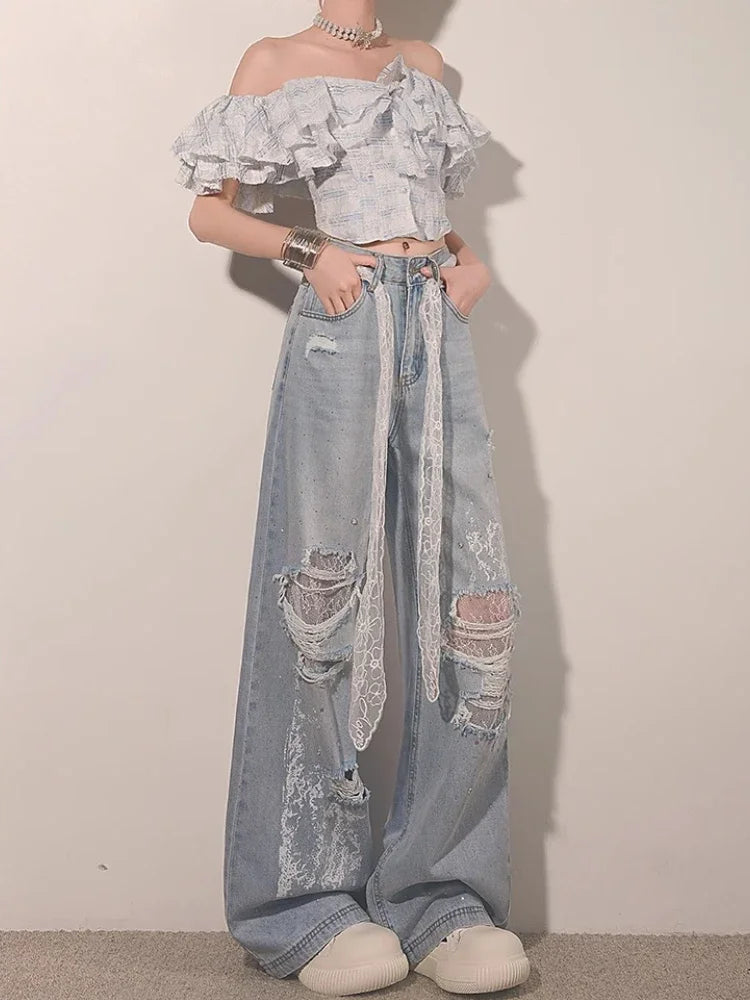 Ripped Lace Rhinestone Jeans