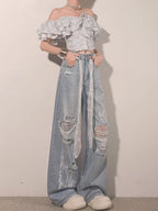Ripped Lace Rhinestone Jeans
