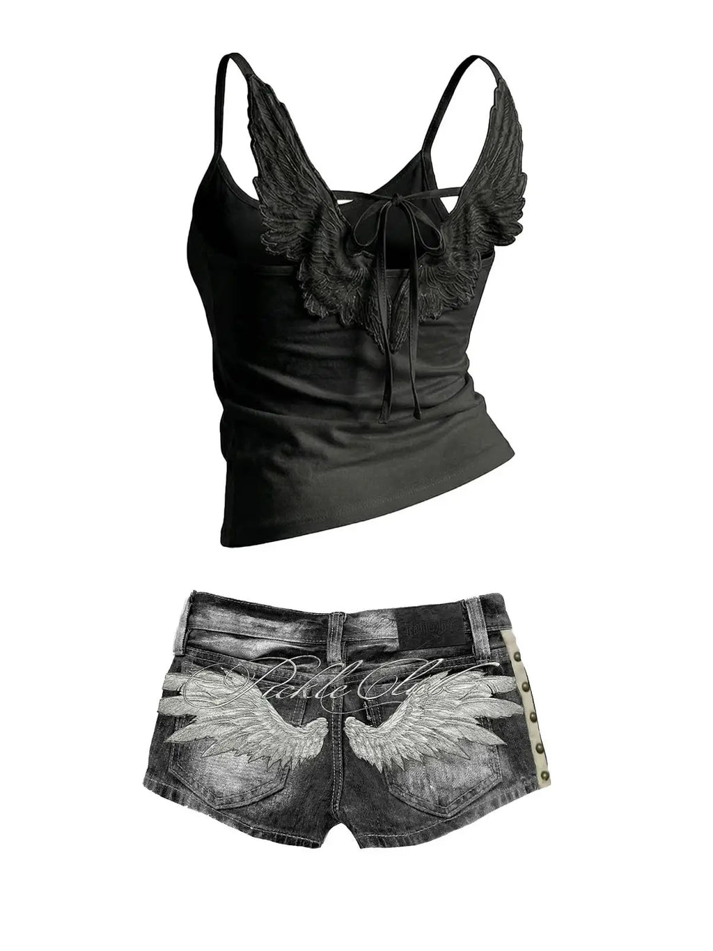 Angel Wings Embroidered Vest Denim Shorts Set
