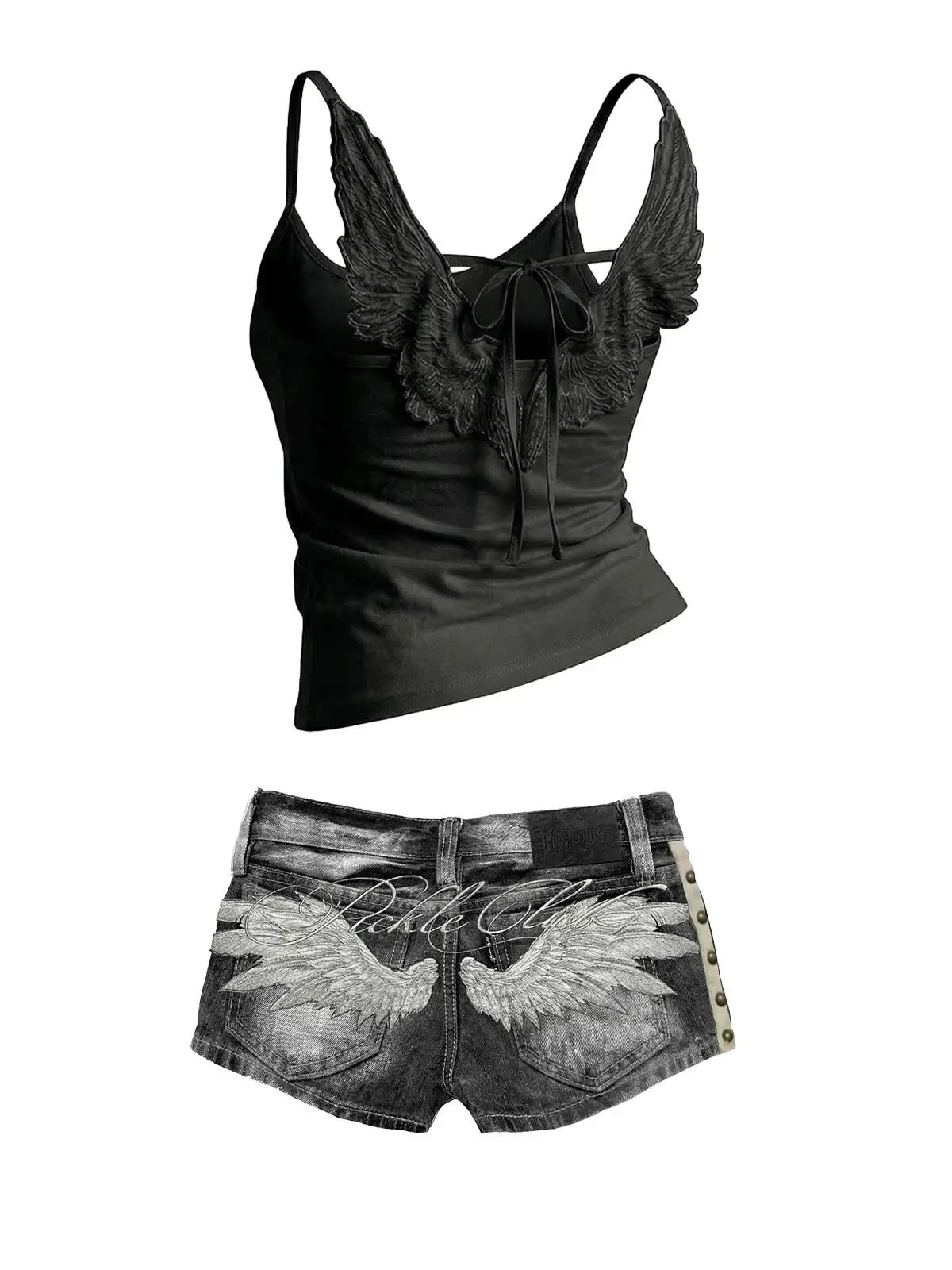 Angel Wings Embroidered Vest Denim Shorts Set