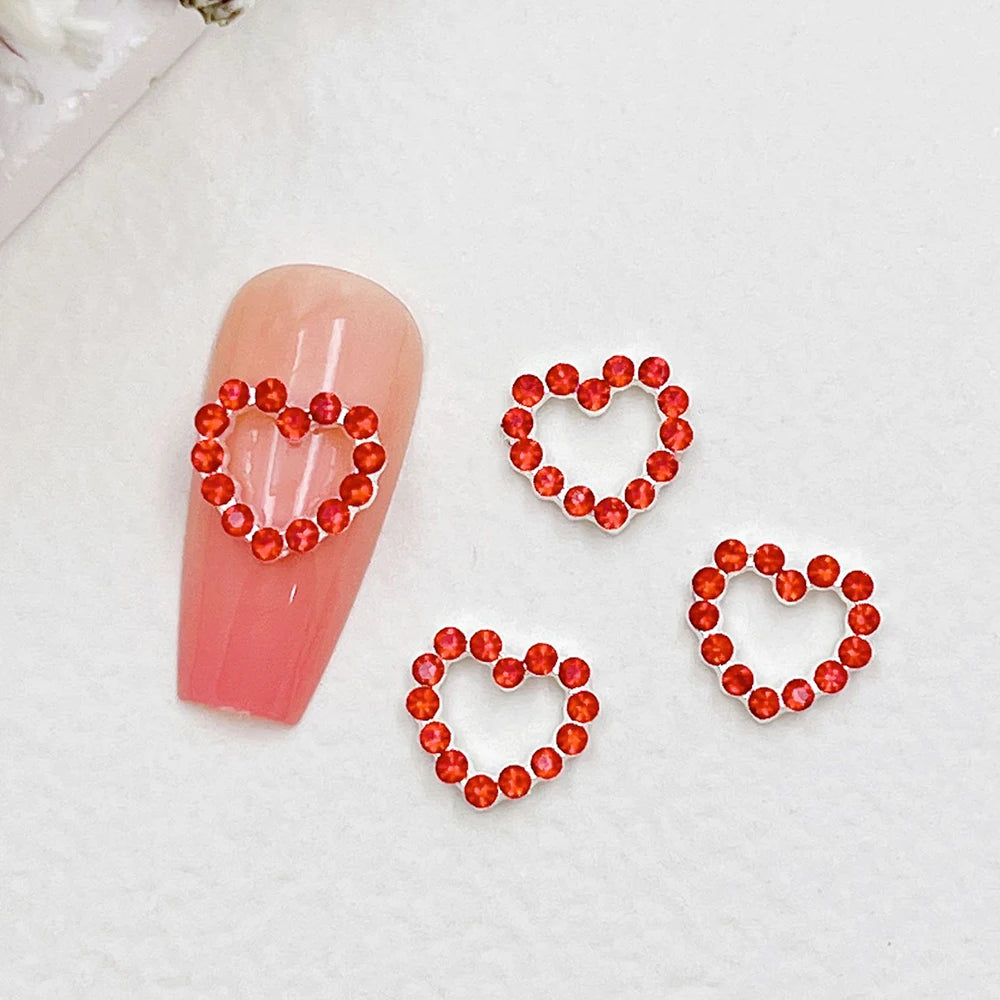 10pcs Metal Heart Nail Charms Red Pink Silver Diamond Nail Parts for Manicure Decoration Accessories Hollow Out Love Charms