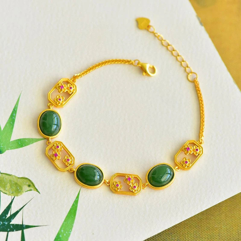Natural Hetian Jasper White Jade Flower Bracelet