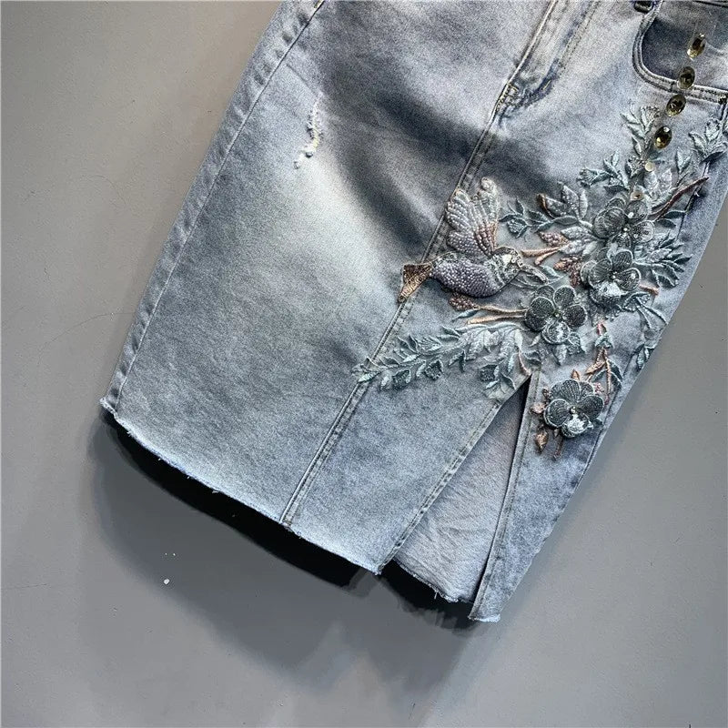 Floral Embroidered Denim Skirt