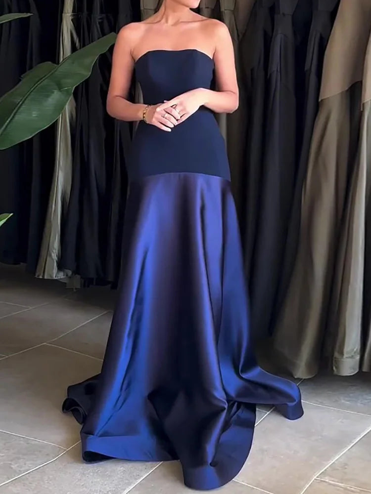 Strapless Drop-Waist Satin Maxi Gown