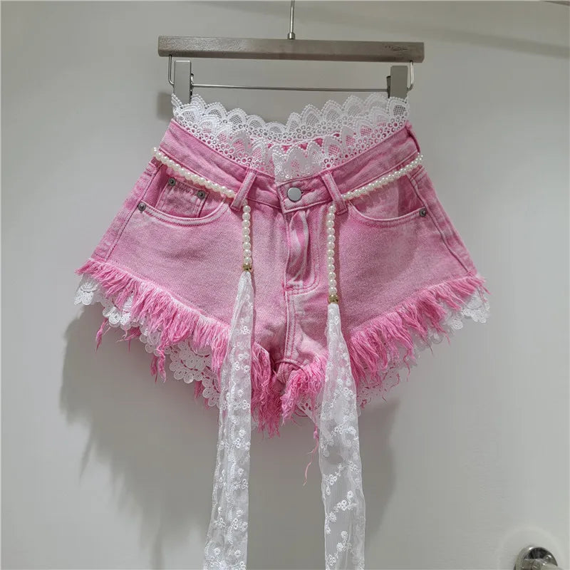 Crochet Lace Trim Slimming Raw Hem Denim Shorts + Pearl Belt