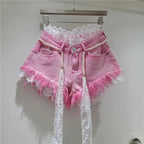 Crochet Lace Trim Slimming Raw Hem Denim Shorts + Pearl Belt