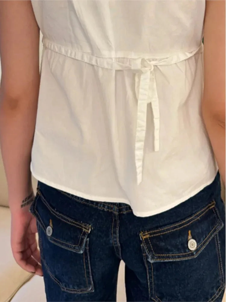 White Lace Tied Square Neck Summer Tee