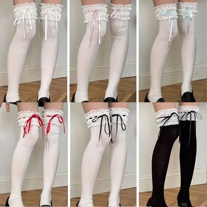 Lace Bow Over Knee-High Socks