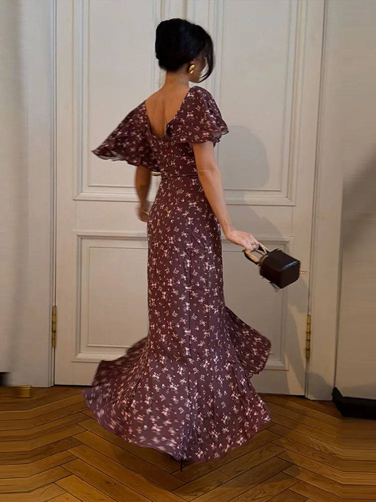 Print Long Ruffle Pleated Short Sleeve V-Neck Dress