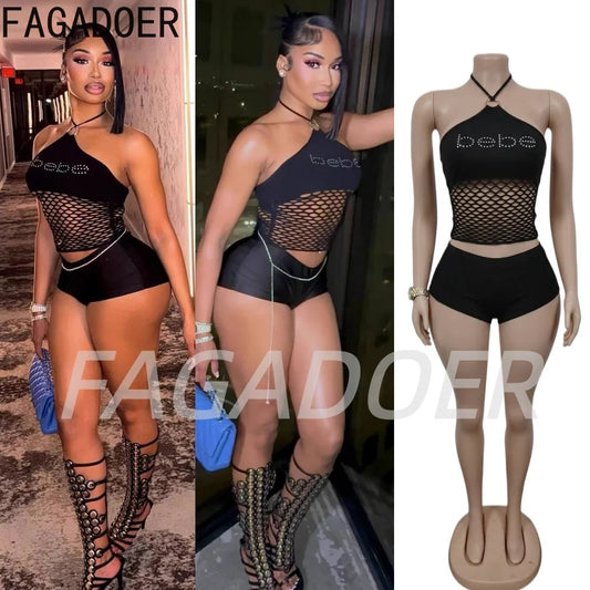 FAGADOER Lace Up Off Shoulder Two Piece Set