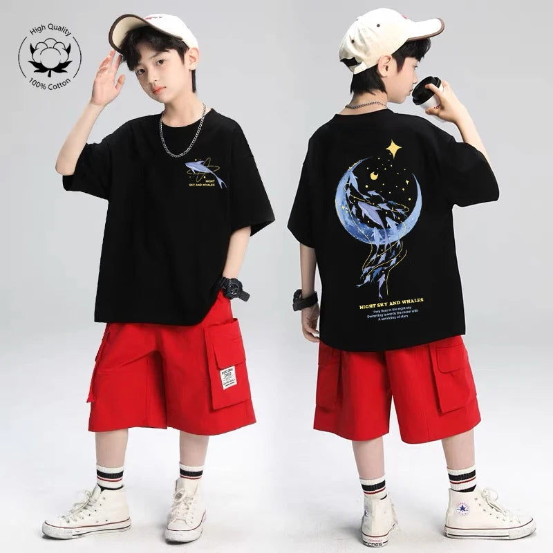 韓国子供服 2025年夏 Tシャツ クジラ漫画柄トップス ファッション 男の子 半袖 綿Tシャツ 女の子服
