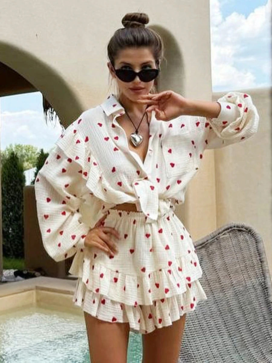 Bronladies Love Printed Long Sleeved Shorts Set