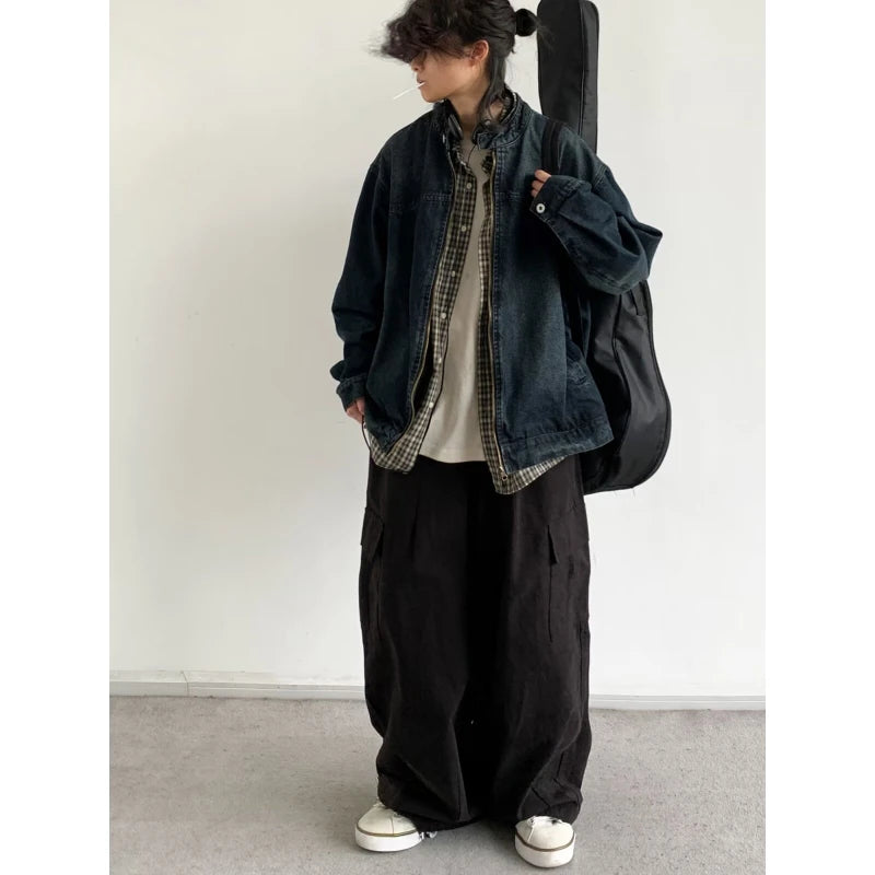 Denim Jackets+Big Pocket Wide Leg Cargo Pants Set