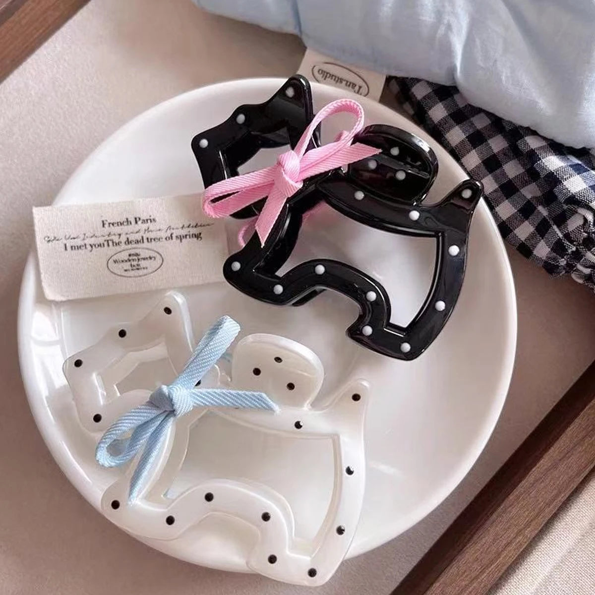1pc bowknot polka dot dog claw clip, cute girl half-up bun shark hair clip, high-end hair accessory headwear
