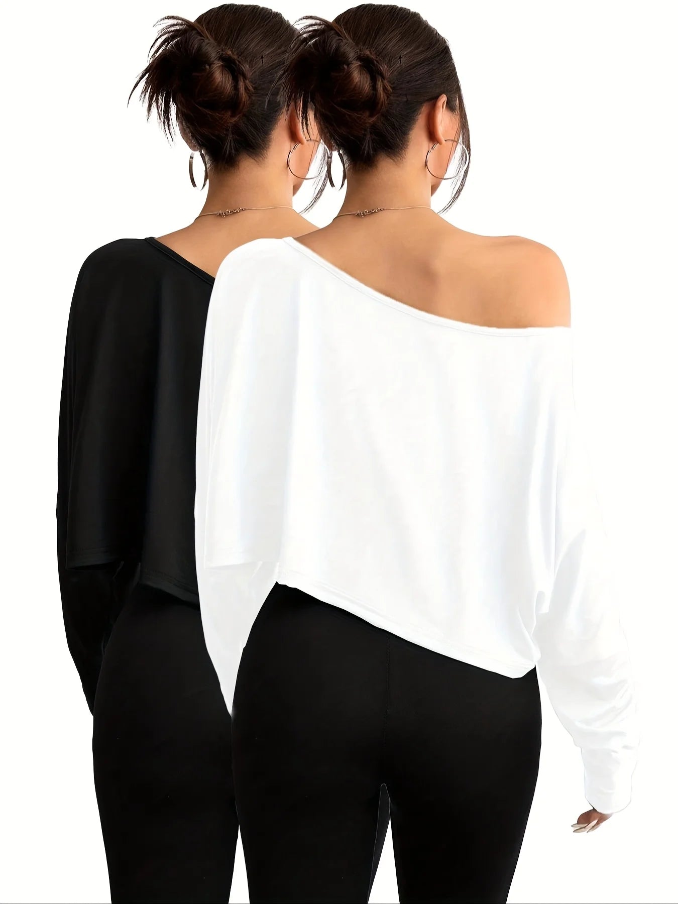 Off Shoulder Asymmetric Collar Long Sleeve Casual T-shirt Two Piece Set