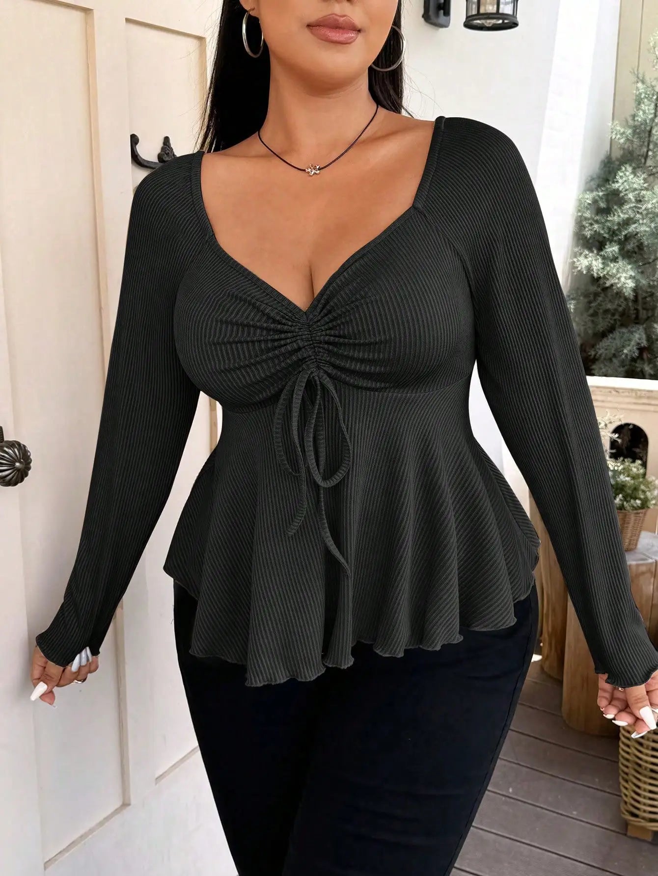Ribbed Knit Ruched Bust Peplum Top with Long Sleeves