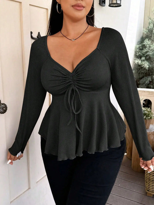 Ribbed Knit Ruched Bust Peplum Top with Long Sleeves