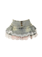 Ruffled Denim Skirt with Layered Lace Detail